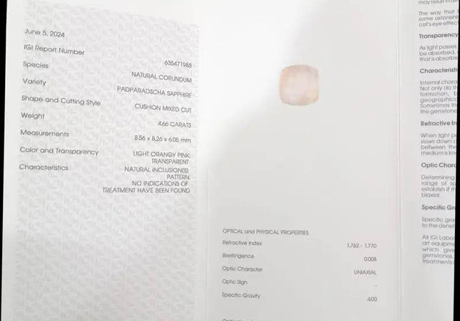 4.66ct IGI Certified Sunrise Padparadscha Sapphire , Natural Untreated Gemstone - SMSGEMS