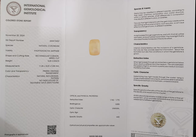 IGI Certified 5.28ct Natural Untreated Padparadscha Sapphire.