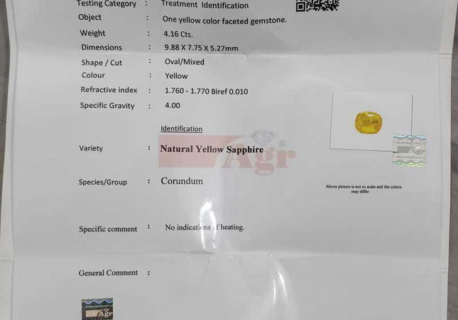 AGRL Certified 4.16ct Natural unheated Yellow sapphire, Natural untreated Gemstone