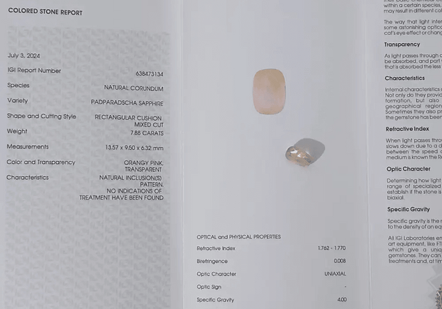 7.88ct IGI Certified Padparadscha Cushion Cut Ceylon Sapphire, Natural Earth Mined untreated Gemstone - SMSGEMS