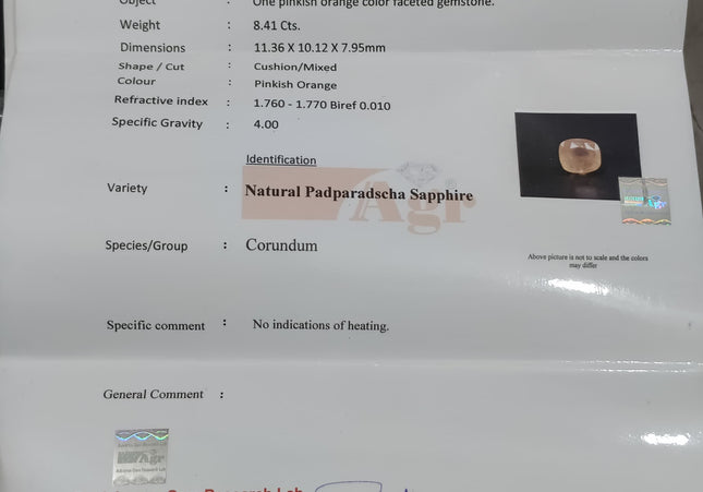Certified 8.41ct Natural Untreated Padparadscha Sapphire.