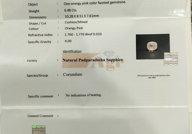 Certified 6.48ct Natural Untreated Padparadscha Sapphire.
