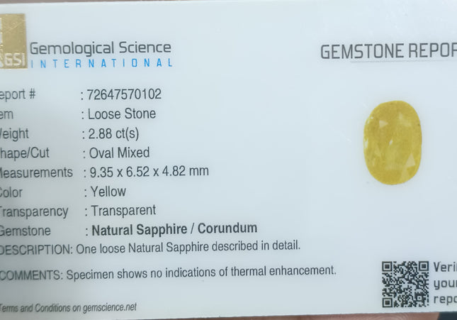 GSI Certified 2.88ct Unheated Yellow Sapphire Natural Untreated Gemstone