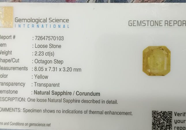 GSI Certified 2.23ct Yellow Sapphire Natural untreated Gemstone