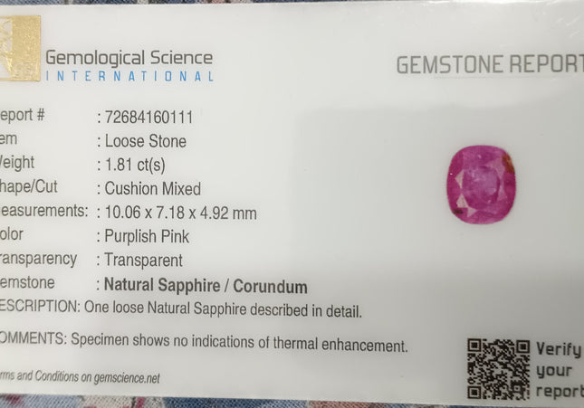 GSI Certified 1.81ct Deep Pink Sapphire Natural Untreated Gemstone