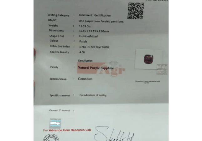 11.59ct Natural Untreated Purple Ceylon Sapphire AGRL Certified - SMSGEMS
