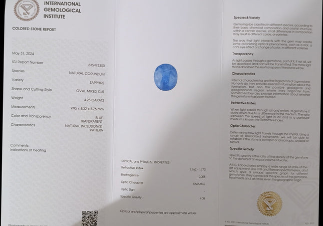 4.25ct IGI Certified Blue Ceylon Sapphire Natural only heated Gemstone
