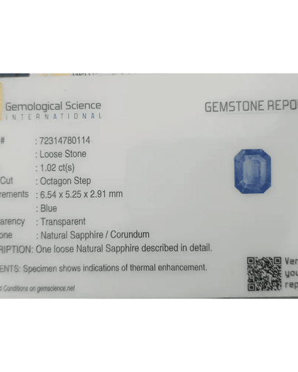 GSI Certified 1.02ct Blue Ceylon Sapphire, Natural Gemstone - SMSGEMS