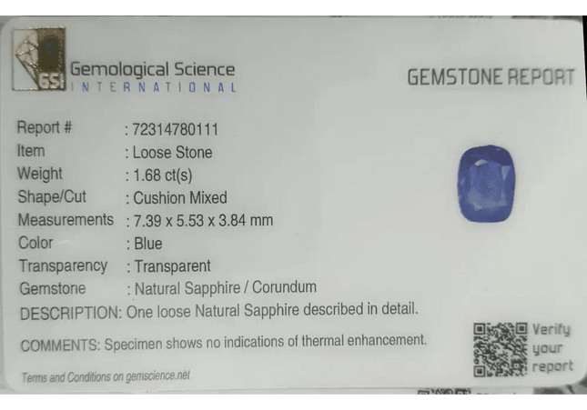 GSI Certified 1.68ct Blue Ceylon Sapphire, Natural Untreated Gemstone - SMSGEMS