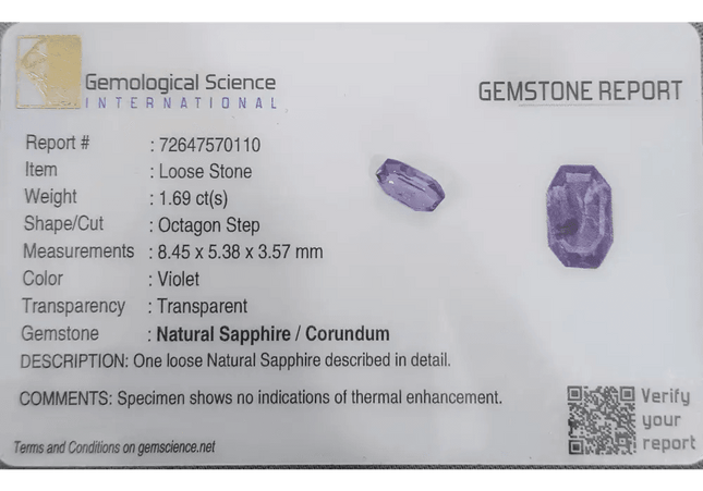 1.69ct Natural Violet Blue Sapphire GSI Certified Gemstone - SMSGEMS