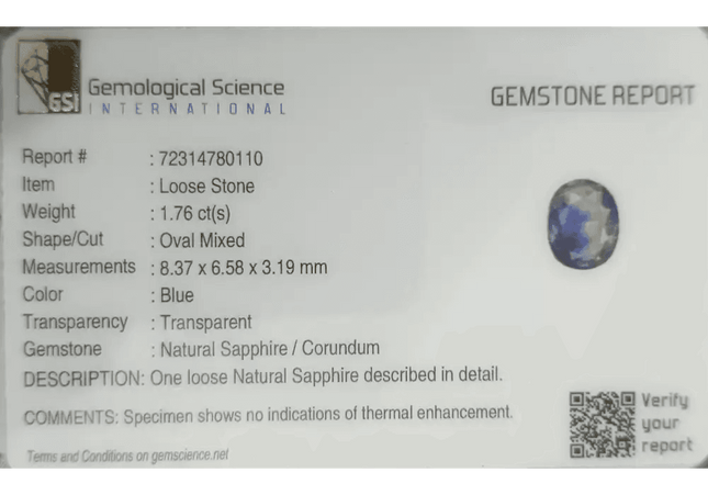 GSI Certified 1.76ct Blue Sapphire, Natural Untreated Gemstone - SMSGEMS