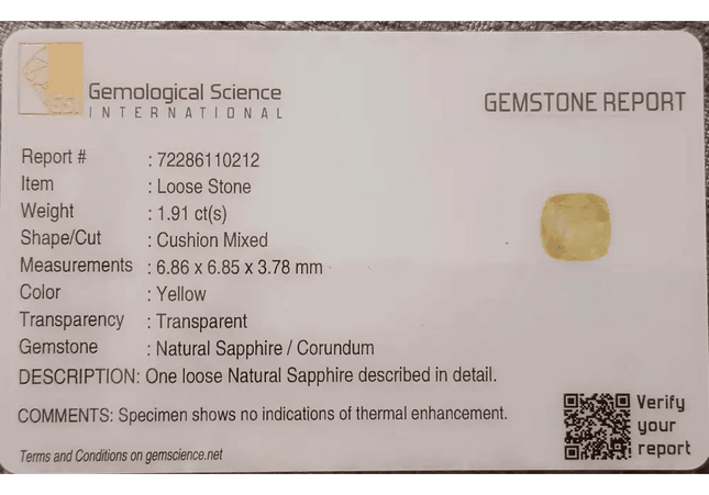 GSI Certified 1.91ct Cushion Cut Yellow Ceylon Sapphire, Natural Untreated Gemstone - SMSGEMS