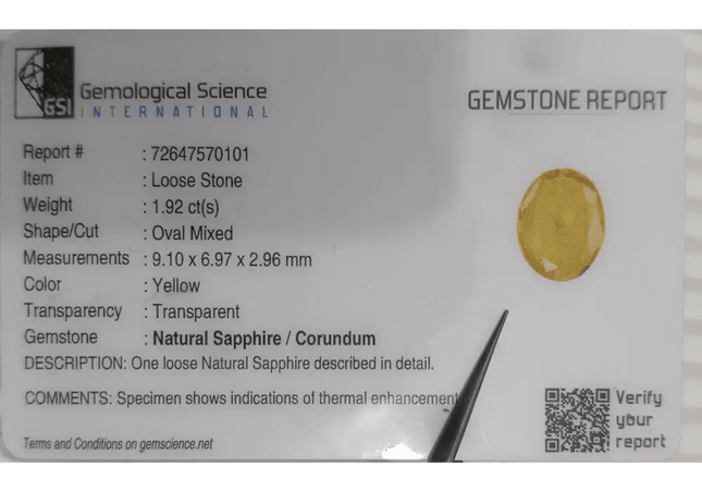 GSI Certified 1.92ct Yellow Sapphire, Natural Heated Gemstone - SMSGEMS