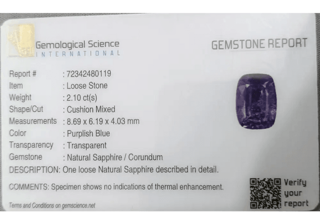 GSI Certified 2.10ct Purplish Blue Sapphire, Natural Untreated Gemstone - SMSGEMS