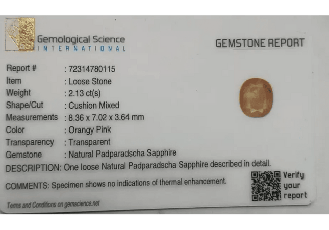 GSI Certified 2.13ct Ceylon Padparadscha Sapphire , Natural Earth Mined Gemstone - SMSGEMS