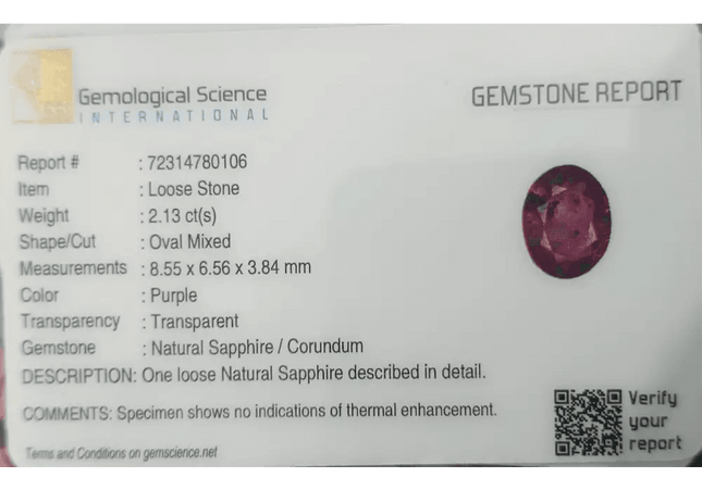 GSI Certified 2.13ct Purple Ceylon Sapphire , Natural Untreated Gemstone - SMSGEMS