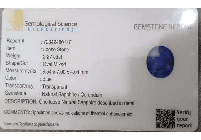 GSI Certified 2.27ct Blue Ceylon Sapphire, Natural Gemstone - SMSGEMS