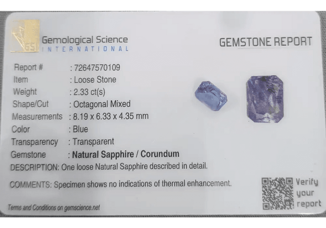GSI Certified 2.33ct Blue Ceylon Sapphire Natural Untreated - SMSGEMS