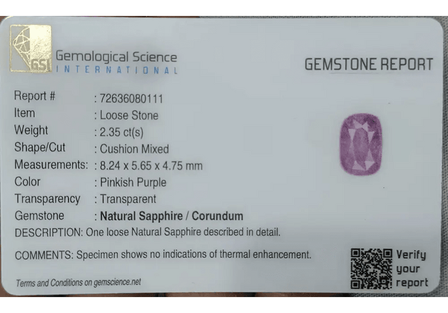 2.35ct GSI Certified Pink Purple Ceylon Sapphire - SMSGEMS