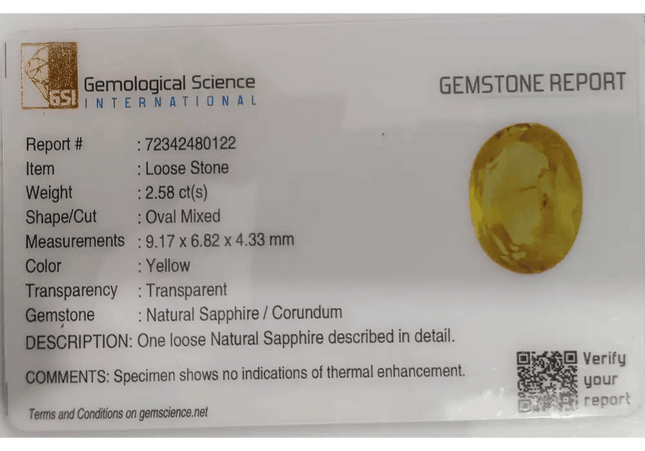 GSI Certified 2.58ct Yellow Ceylon Sapphire, Natural Untreated Gemstone - SMSGEMS
