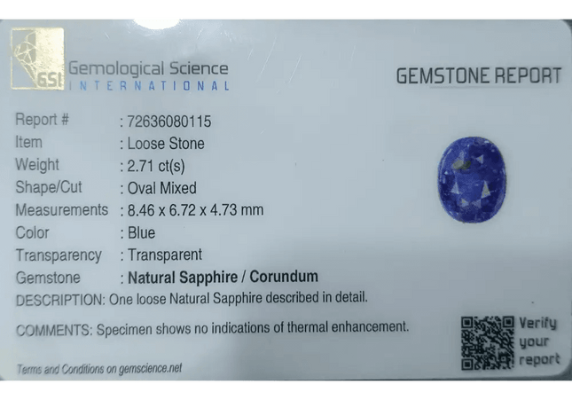 2.71ct Royal Blue Untreated Sapphire Burma Certified by GSI - SMSGEMS