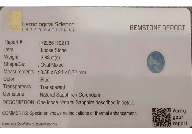 GSI Certified 2.83ct Blue Ceylon Sapphire , Natural Untreated Earth Mined Gemstone - SMSGEMS