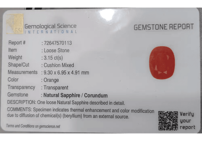 GSI Certified 3.15ct Orange Ceylon Sapphire, Natural Gemstone - SMSGEMS