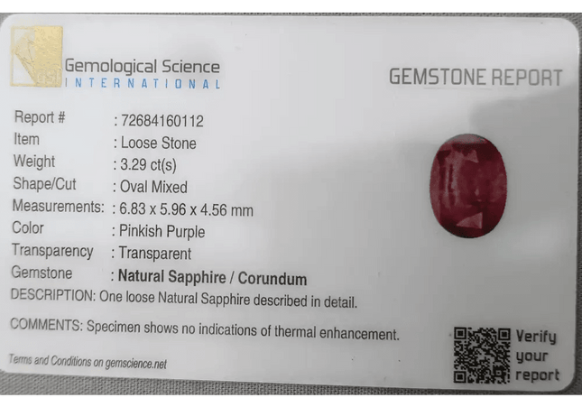 3.29ct GSI Certified Pink Purple Ceylon Sapphire - SMSGEMS