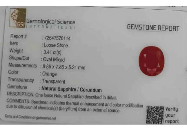 GSI Certified 3.41ct Orange Sapphire, Natural Gemstone - SMSGEMS