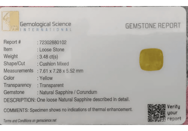 GSI Certified 3.48ct Vivid Yellow Sapphire, Natural untreated Gemstone - SMSGEMS