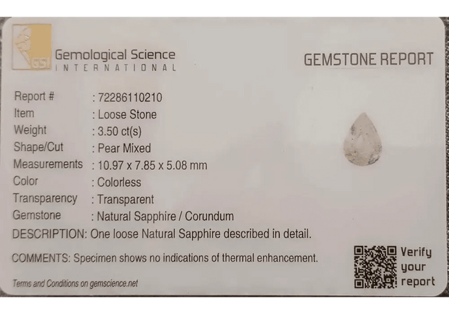 GSI Certified 3.50ct White Sapphire, Natural Untreated Gemstone - SMSGEMS