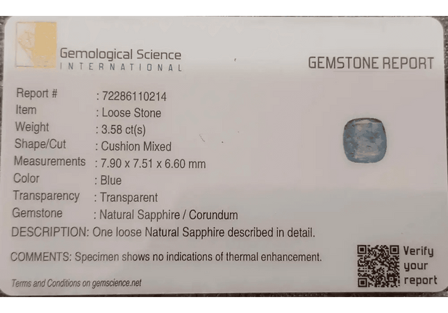 GSI Certified 3.58ct Blue Ceylon Sapphire, Natural untreated Gemstone - SMSGEMS