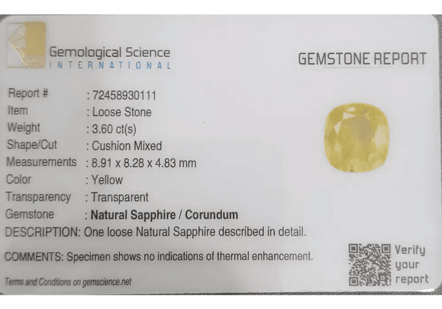 3.60ct Natural Ceylon Yellow Sapphire GSI Certified - SMSGEMS