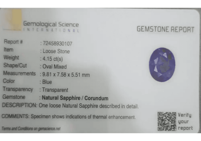 4.15ct Blue Ceylon Sapphire GSI Certified - SMSGEMS
