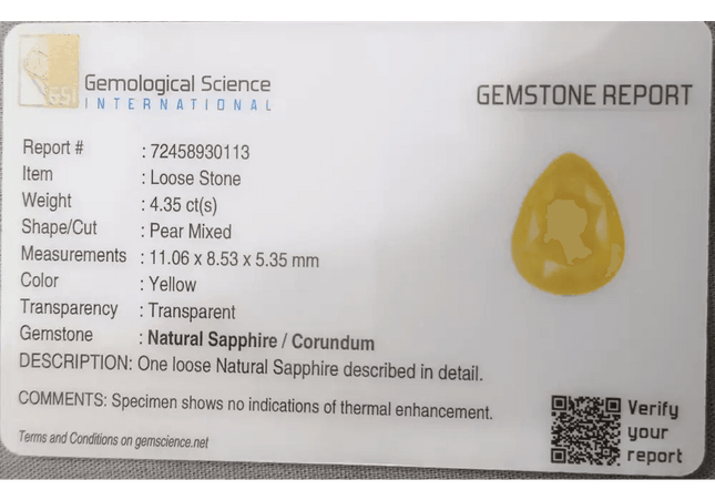 4.35ct Yellow Sapphire Natural Untreated Gemstone GSI Certified Ceylon - SMSGEMS