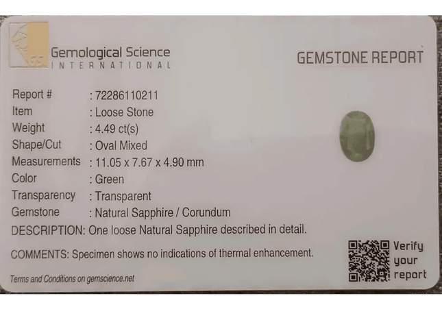 GSI Certified 4.49ct Green Ceylon Sapphire, Natural Untreated Gemstone - SMSGEMS