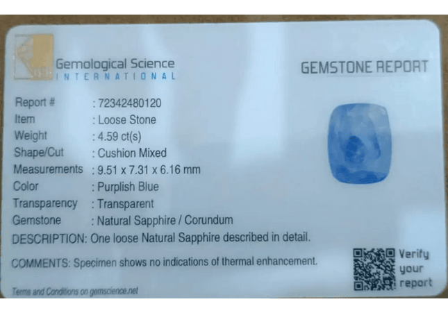 GSI Certified 4.59ct Blue Ceylon Sapphire, Natural untreated Gemstone - SMSGEMS