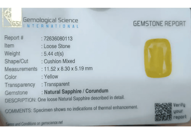 5.44ct Intense Yellow Ceylon Sapphire GSI Certified - SMSGEMS