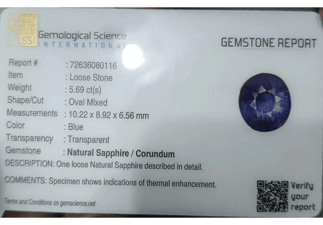 GSI Certified 5.68ct Deep Blue Sapphire - SMSGEMS