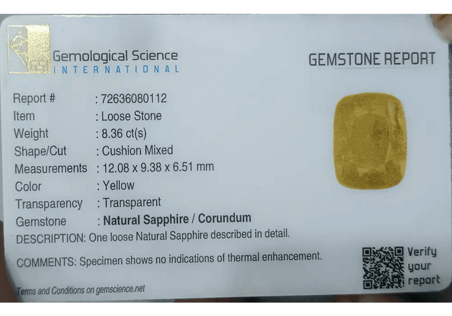 8.36ct Natural Yellow Ceylon Sapphire GSI Certified - SMSGEMS