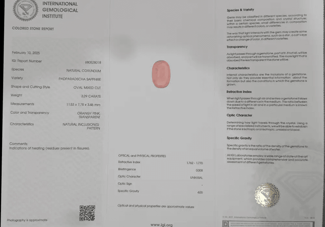 IGI Certified 3.29ct Padparadscha Sapphire, Natural Heated Gemstone - SMSGEMS