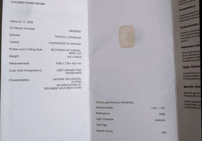 3.65ct IGI Certified Untreated Ceylon Padparadscha Sapphire - SMSGEMS