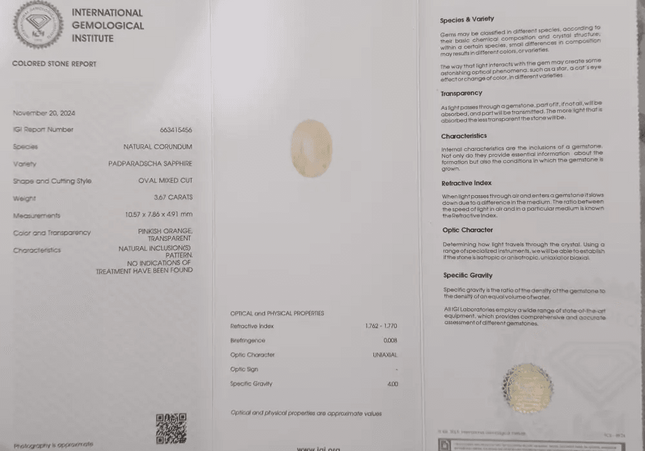 3.67ct IGI Certified Natural Untreated Padparadscha Sapphire - SMSGEMS