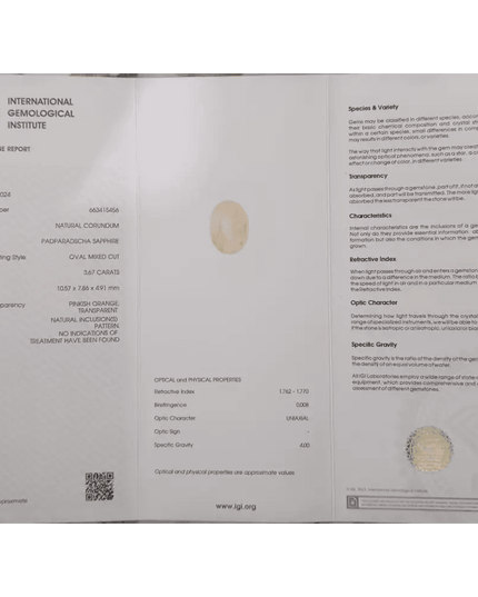 3.67ct IGI Certified Natural Untreated Padparadscha Sapphire - SMSGEMS
