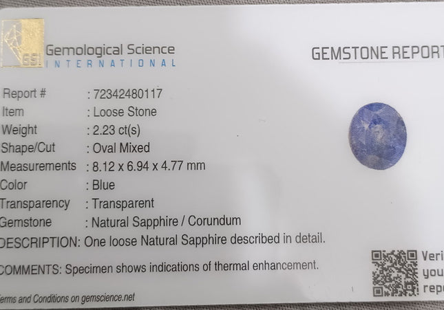GSI Certified 2.23ct Blue Ceylon Sapphire, Natural Loose Gemstone.
