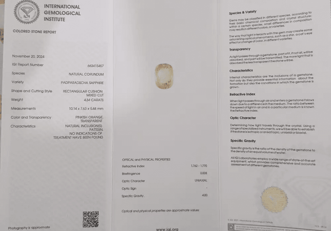 Suberp IGI Certified 4.34ct Padparadscha Sapphire, Natural Untreated Gemstone - SMSGEMS