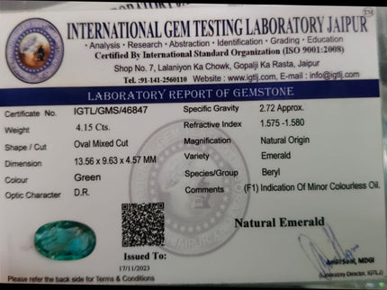 4.15ct  Certified Natural Zambian Emerald, 100% Natural Loose Gemstone