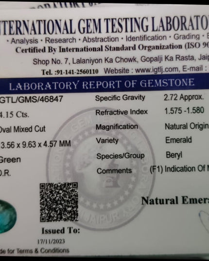 4.15ct  Certified Zambian Emerald, 100% Natural Loose Gemstone