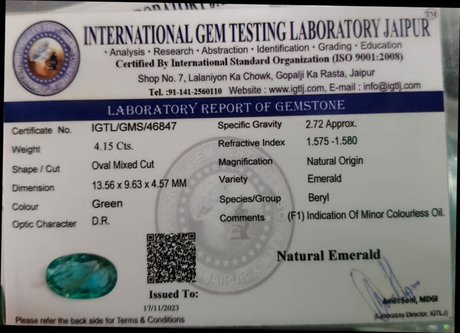4.15ct  Certified Natural Zambian Emerald, 100% Natural Loose Gemstone