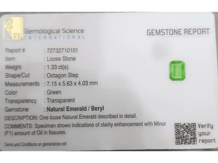 1.33ct Pastel Green Emerald Certified By GSI, Natural Gemstone - SMSGEMS 